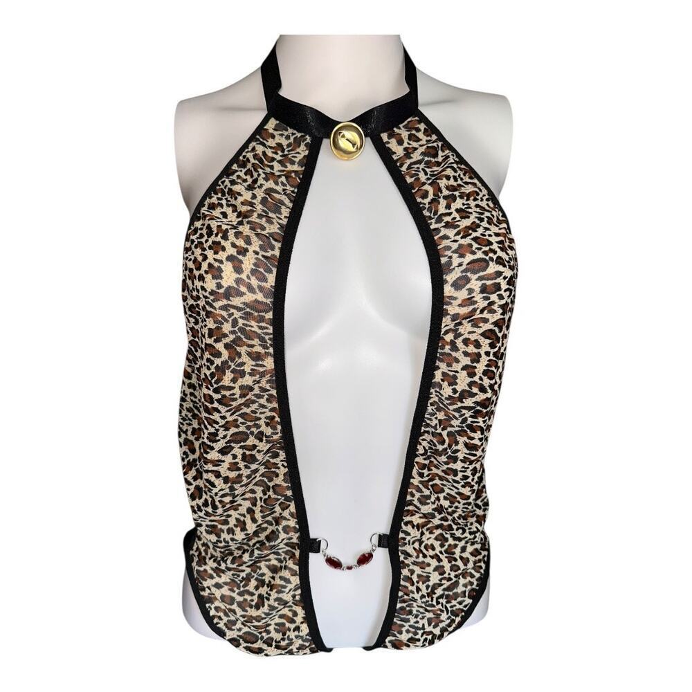 Sexy animal print bodysuit lingerie womens medium mesh, red jewel, bell chocker,